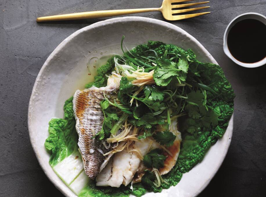 Steamed snapper fillets with ginger and spring onion. Picture: William Meppem