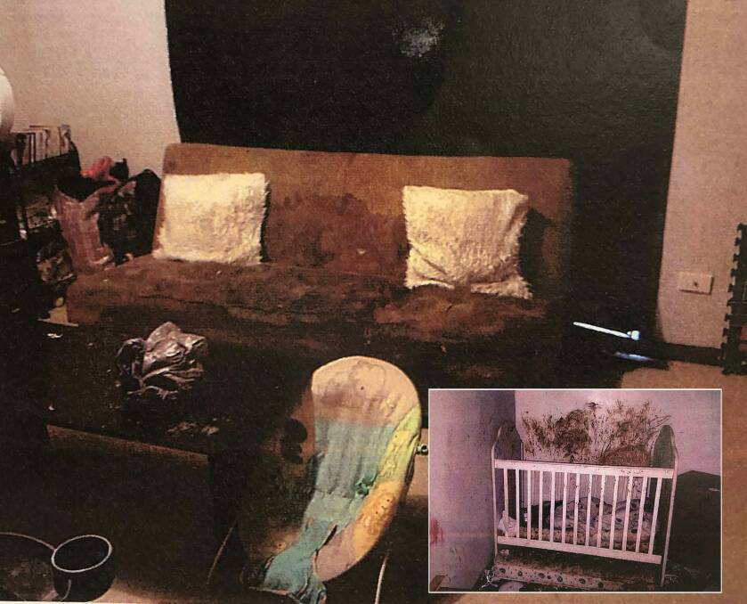 Disgusting: Police were overwhelmed by the presence of faeces and urine stains throughout the living areas, including a child's cot (inset).