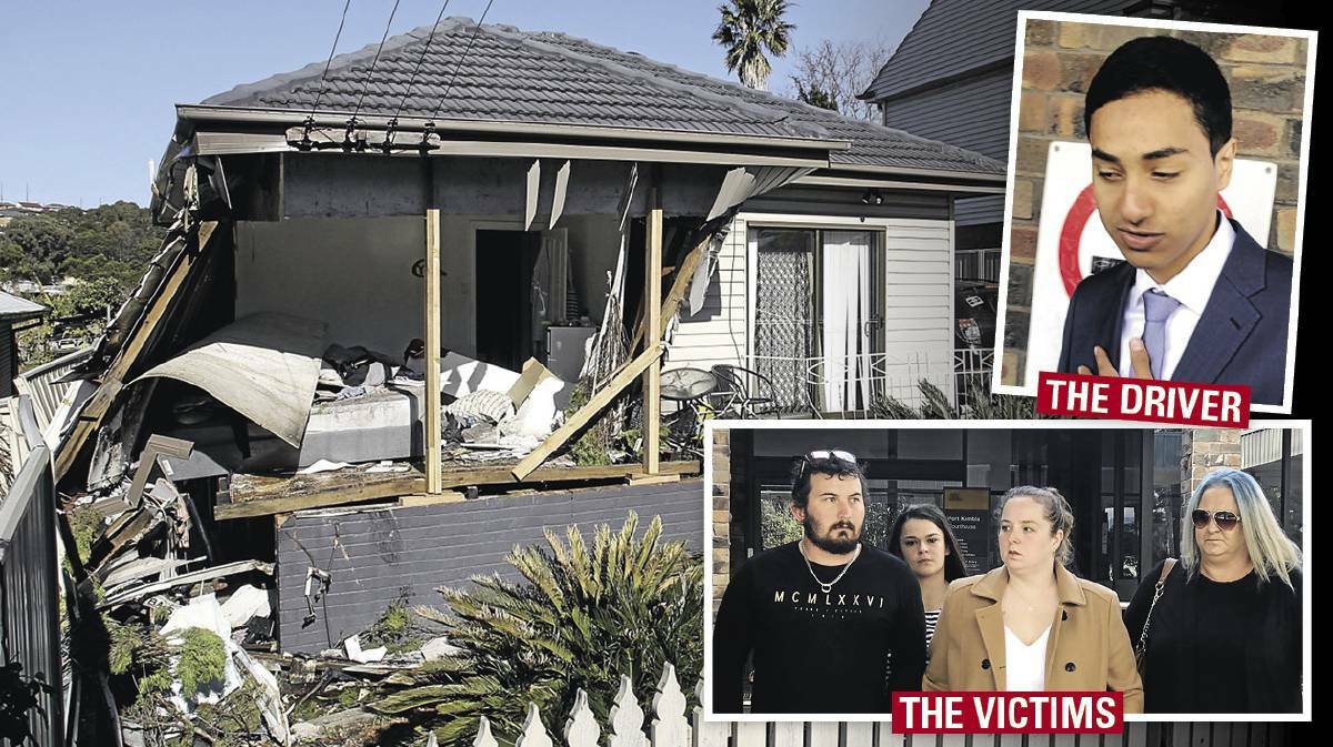 Finalised: The wreckage of the house (main); Abdullah Hakami leaves court after pleading guilty to a dangerous driving charge (top right); the victims, Ainsley and Guy Lennard with Ainsley's mum Tracey.