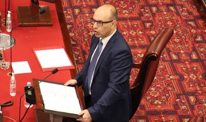 Red hot: Newly-minted state senator Peter Poulos gives his maiden speech in parliament last week.