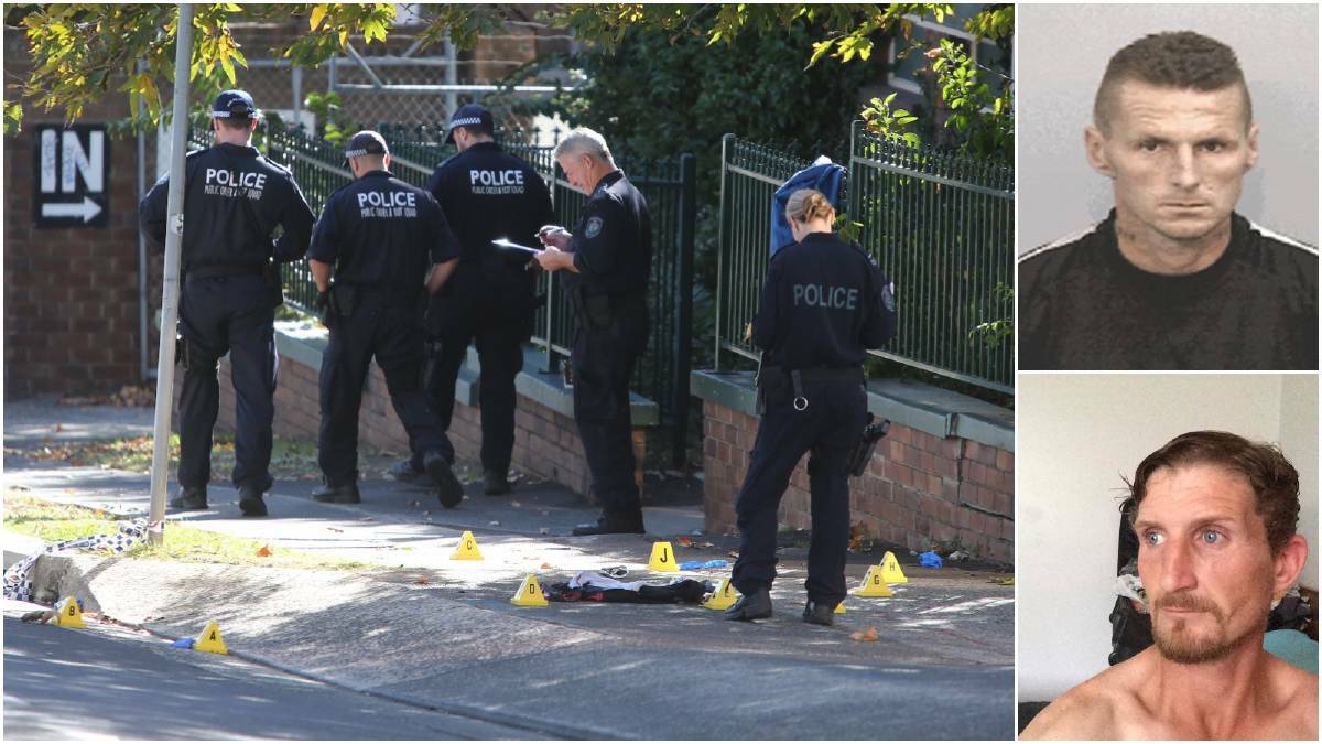 Police at the scene of the stabbing death of Steven Edwards (bottom right) outside the methadone clinic on Denison Street in Wollongong in May 2018. Michael Gale (top right) was on Friday sentenced to 12 years' jail on a charge of manslaughter. 