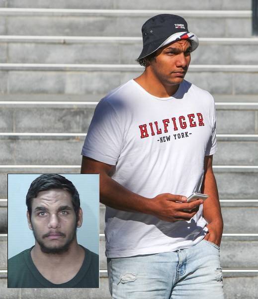 Wanted: A Wollongong court has issued an arrest warrant for Isiah Campbell (pictured outside court, and [inset], in a police mug shot) after he failed to turn up to his sentencing hearing over home invasion charges.