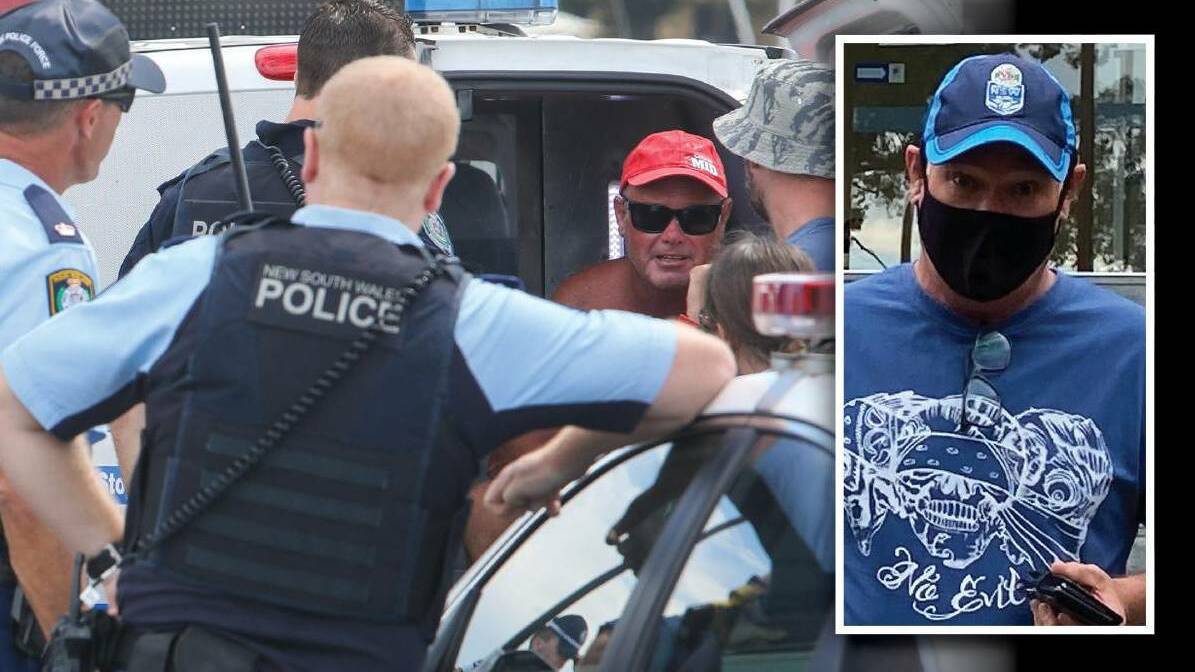 Guilty: Michael Dale pictured during his arrest at Wollongong Harbour on Australia Day 2021 and (inset), outside Wollongong court in October last year.