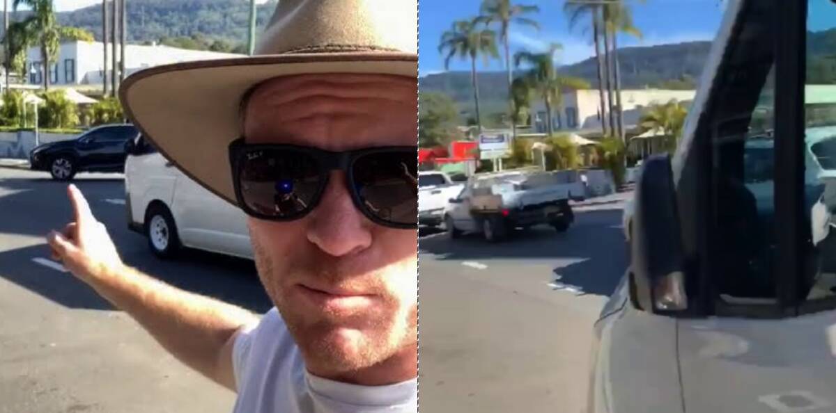 Close call: Andrew Wade was speaking on camera about Thirroul traffic woes when a van (right) clipped him as he filmed.
