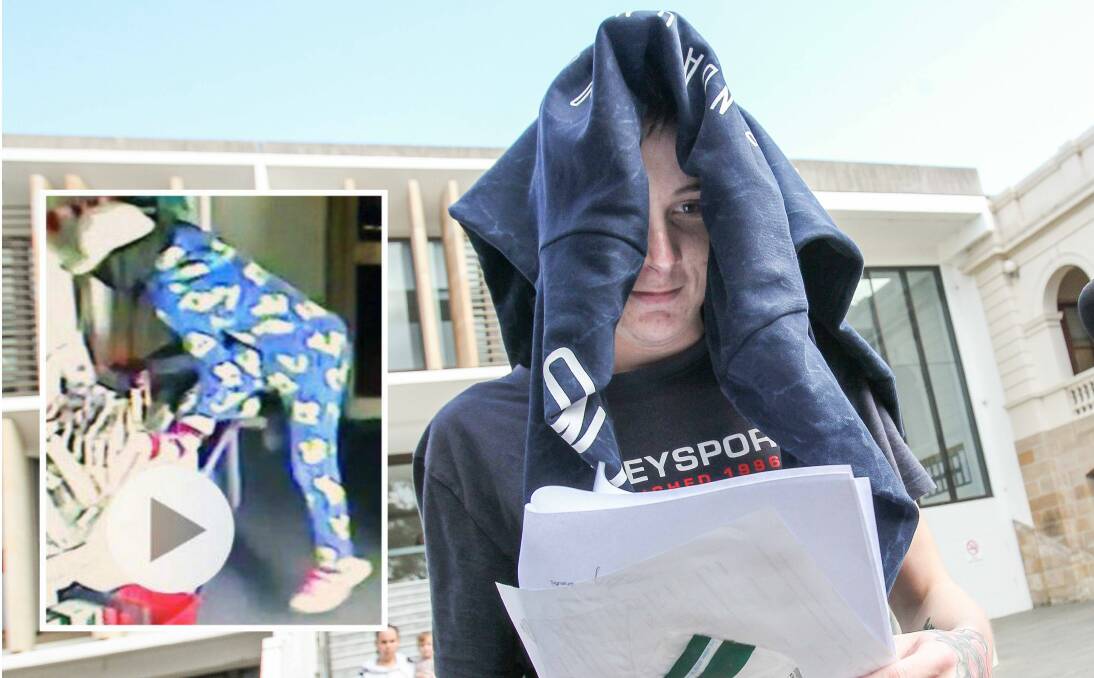 Accused: Cory Milgate leaves Wollongong courthouse after being granted strict bail on Tuesday afternoon. Police allege he robbed two northern Illawarra stores last Wednesday dressed in a onesie (inset).
