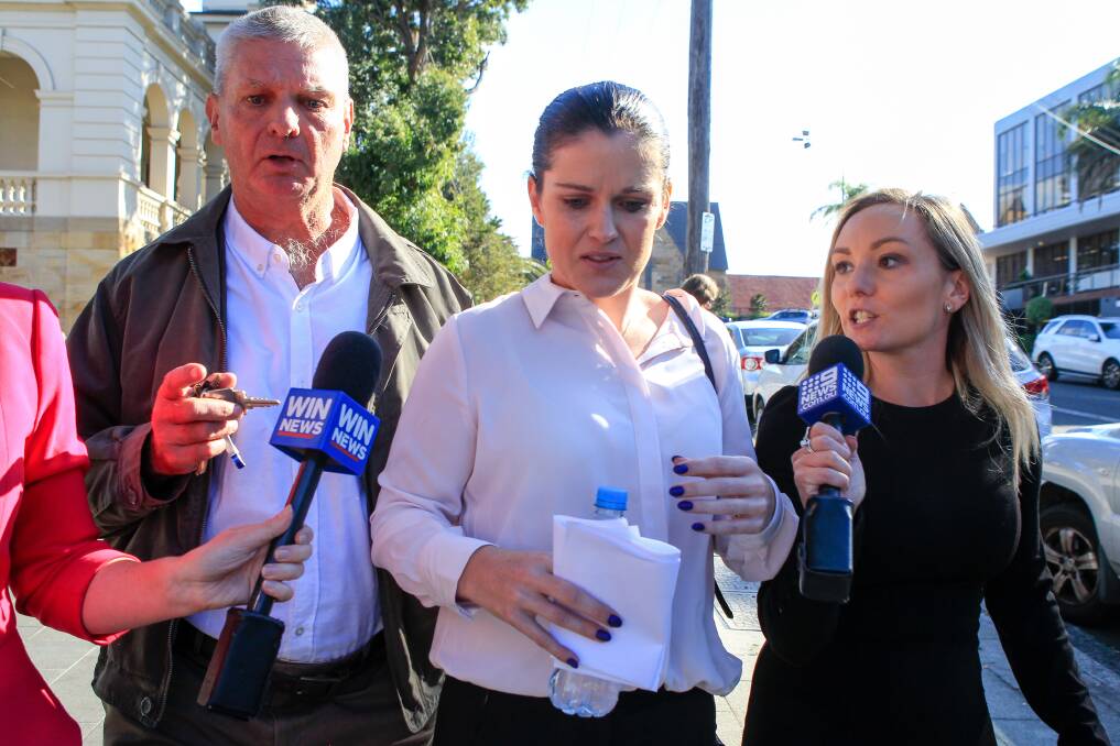 Charged: Deanna Struber leaves Wollongong courthouse on Wednesday after a magistrate granted her permission to contact her partner and co-accused, Ryan Sharp, by telephone.
