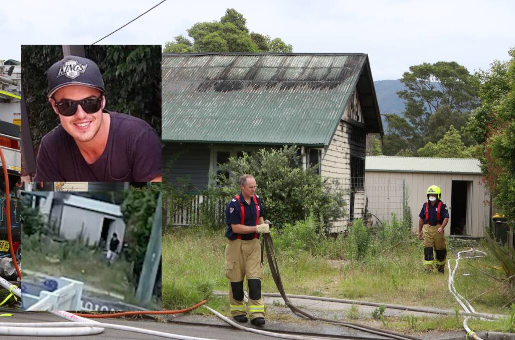 Busted: Rhys Morrison (top inset) was caught on CCTV (bottom inset) entering then exiting the building moments before it was gutted by fire (main picture). Pictures: Facebook, NSW Police, Sylvia Liber.