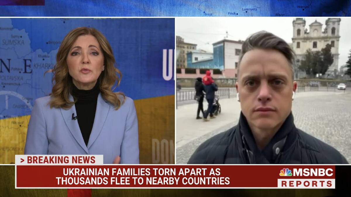 Misha Zelinsky (right) speaking to American cable news channel MSNBC from Lviv in Ukraine, on Sunday evening (Australian time). Picture: Twitter