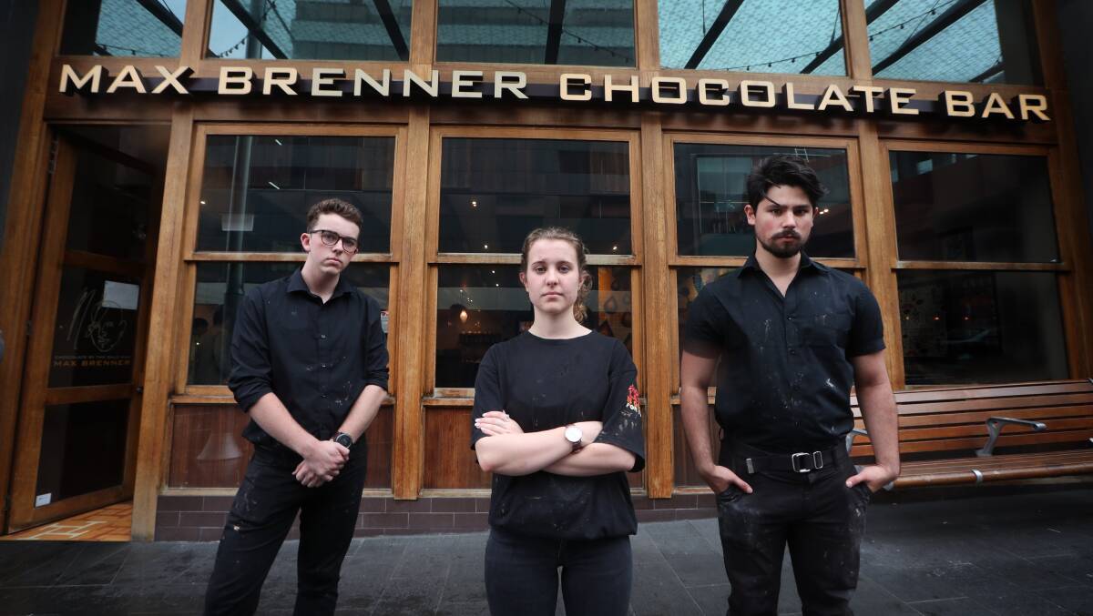 Job hunting: Max Brenner employees CJ Smith, Riley Cross and Andre Rodrigo will be without jobs from Tuesday after administrators announced the Wollongong store will close this evening.