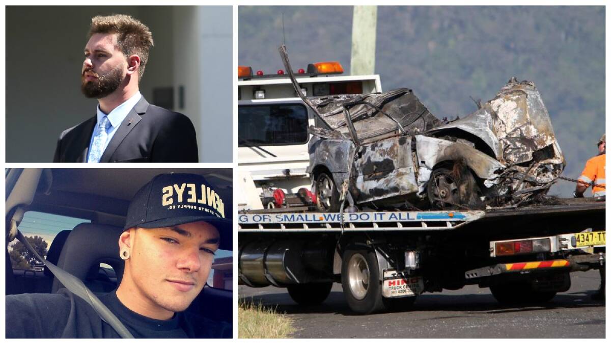 Verdict: The wreckage of the Honda Civic is removed from the scene (right). Left, top: Dylan Dahl outside Wollongong courthouse. Left, bottom: Jayke Robinson died in the crash.