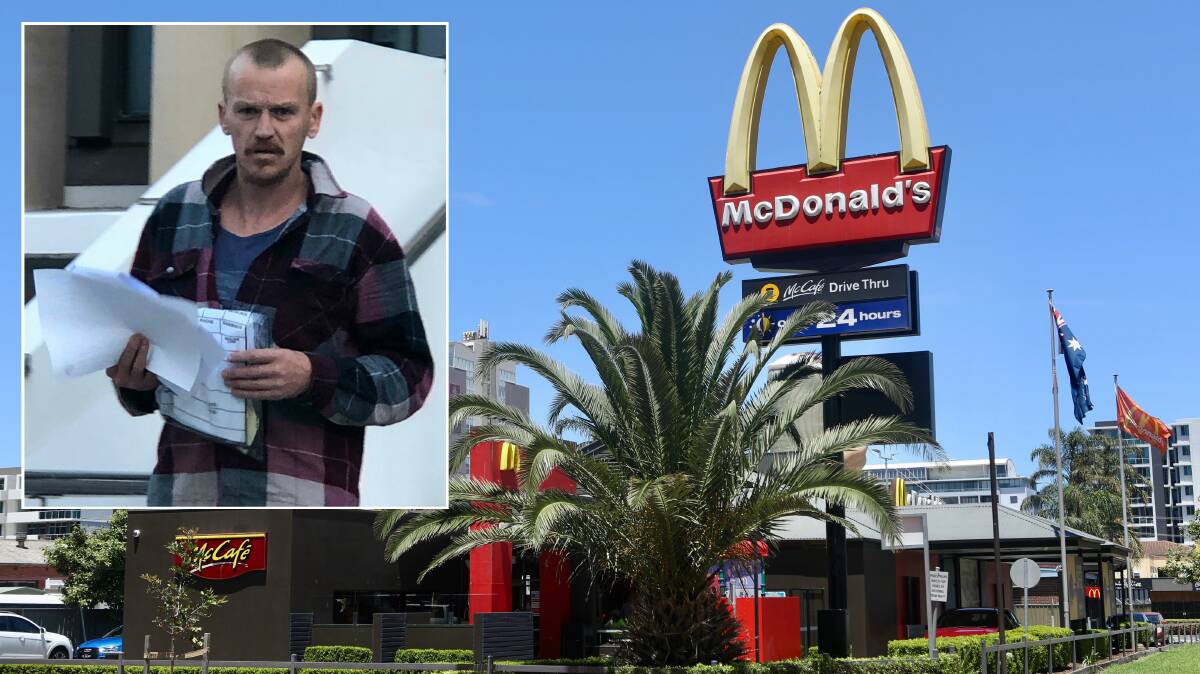 Accused: Shannon David Yates (inset, at court on Friday) has been banned from attending the Burelli Street McDonalds amid allegations he was caught on camera performing a sexual act on himself in full view of diners and staff.