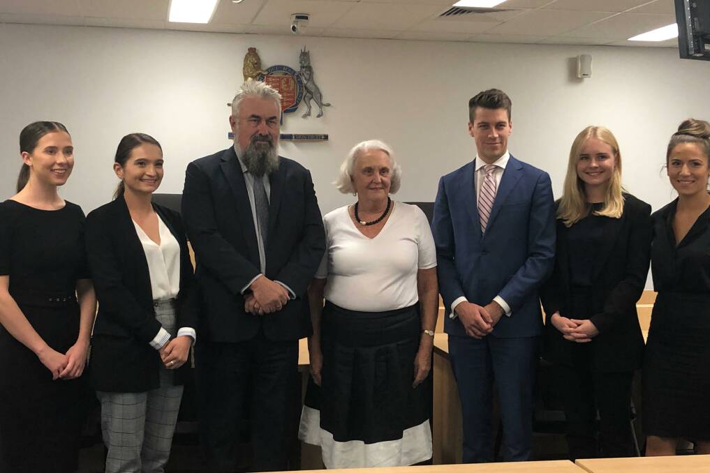 What a lineup: UOW Criminal Advocacy Competition runners up Analise Ritchie and Monica Naumovski (left) and winners Crystal Gleuch-Martin and Vanja Pjevalica (right) with judges Graeme Morrison, Carolyn Davenport, SC, and Matt Ward. 