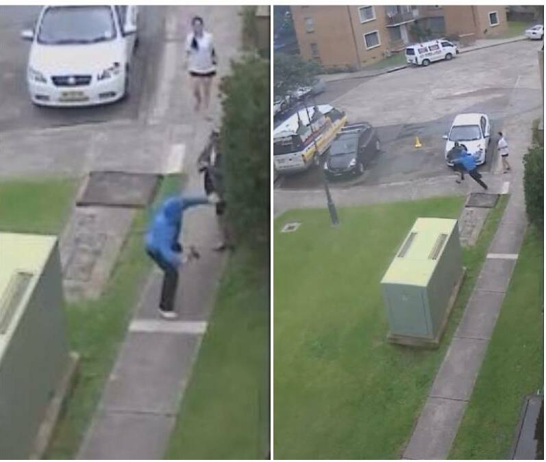 Chased: Stills from CCTV footage shows the moment Jason Rees (blue jumper) raises a tomahawk to strike Michael Leiter, then runs after him intent on delivering more blows. 