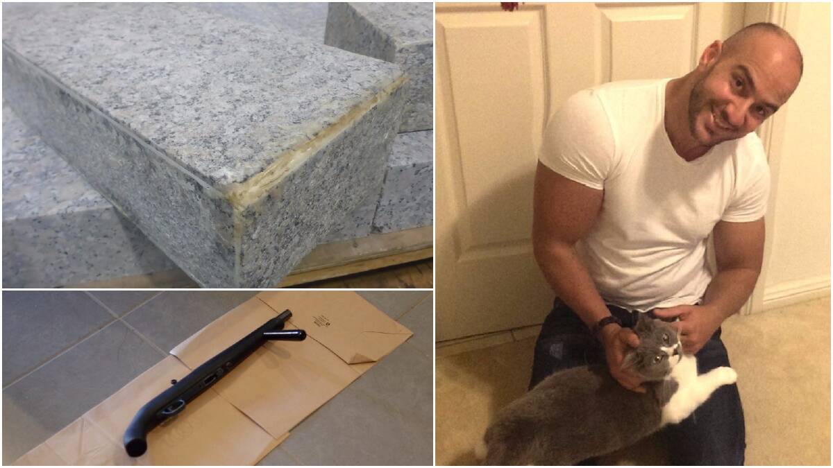 Accused: Ahmad El Hage (right) will remain behind bars after again being refused bail in Wollongong Local Court; the granite tiles (top); a gun recovered at Zachary Chie's house (bottom). Pictures: NSW Police, Facebook