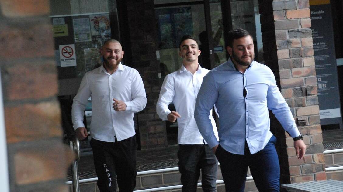Charges dismissed: Jaiden King, Aaron Sultana and Nicholas King at Port Kembla Courthouse last October. The trio pleaded not guilty to charges of affray and assault occasioning actual bodily harm.