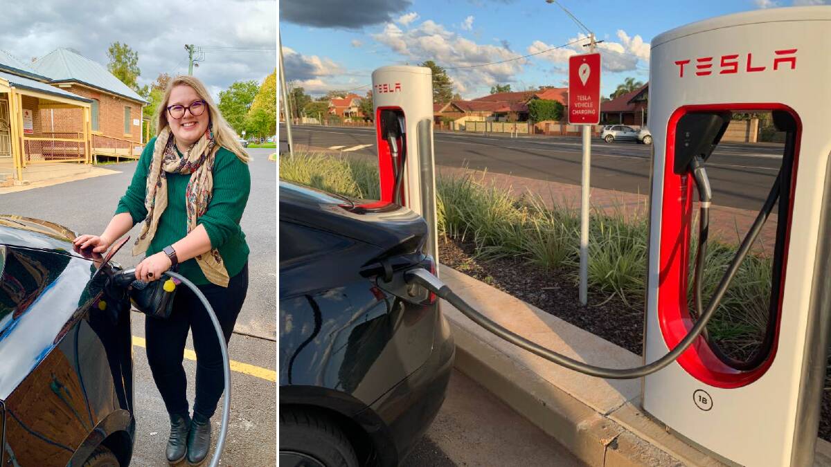 LEFT: My partner, Madeline, topping up the car in Mudgee while we head to the weekend markets. RIGHT: Charging. 