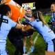 HAPPY DAYS: Sam Bremner (centre) helps deliver the traditional post-match Gatorade shower to Sky Blues coach Kylie Hilder on Friday night. Picture: AAP
