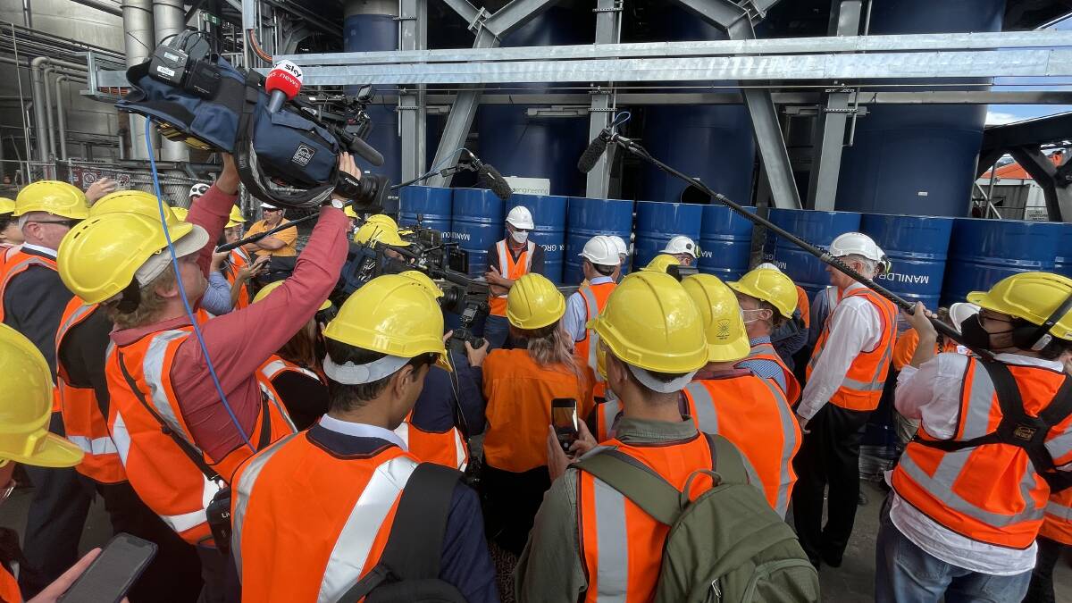 Labor Leader Anthony Albanese surrounded by the media pack as he meets workers at the Manildra Group's Shoalhaven Starches operation in Bomaderry.