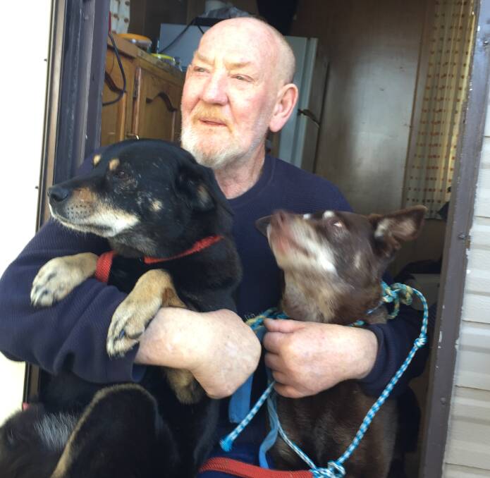 BACK TOGETHER: Michael Dadd who survived four days on a flooded Pig Island reunited with two of his beloved dogs Ned and Odon.
