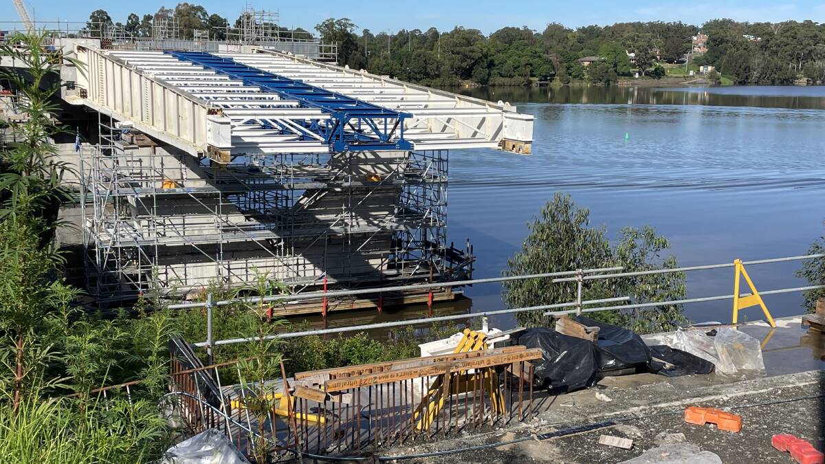 CLOSE: The launch nose, used to reduce weight as the bridge is pushed out, has now extended past the final northern pier and is within sight of the northern Shoalhaven River bank. Photo: Robert Crawford