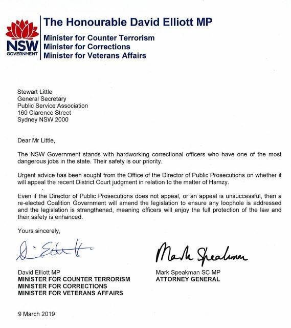 NSW Corrections Minister David Elliott and Attorney General Mark Speakman's joint statement.
