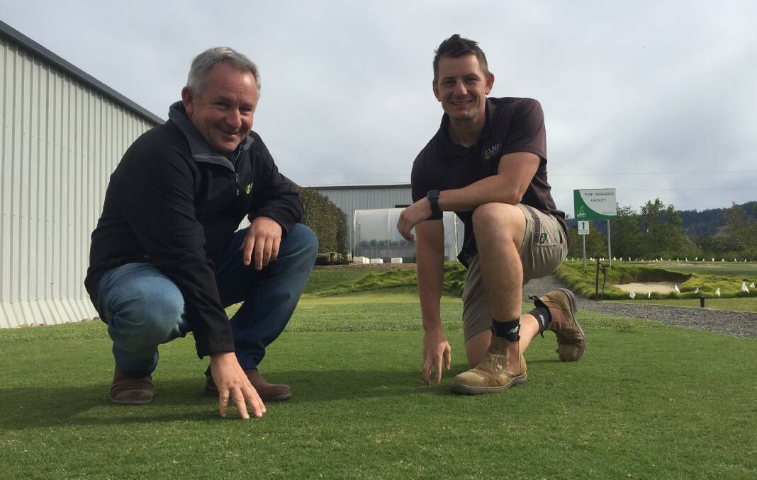 TOP TURF: Lawn Solutions Australia managing director Gavin Rogers (left) and commercial and research development manager Joe Rogers with the TifTuf turf that has become the first turf grass in the world t receive the Smart Approved WaterMark. 