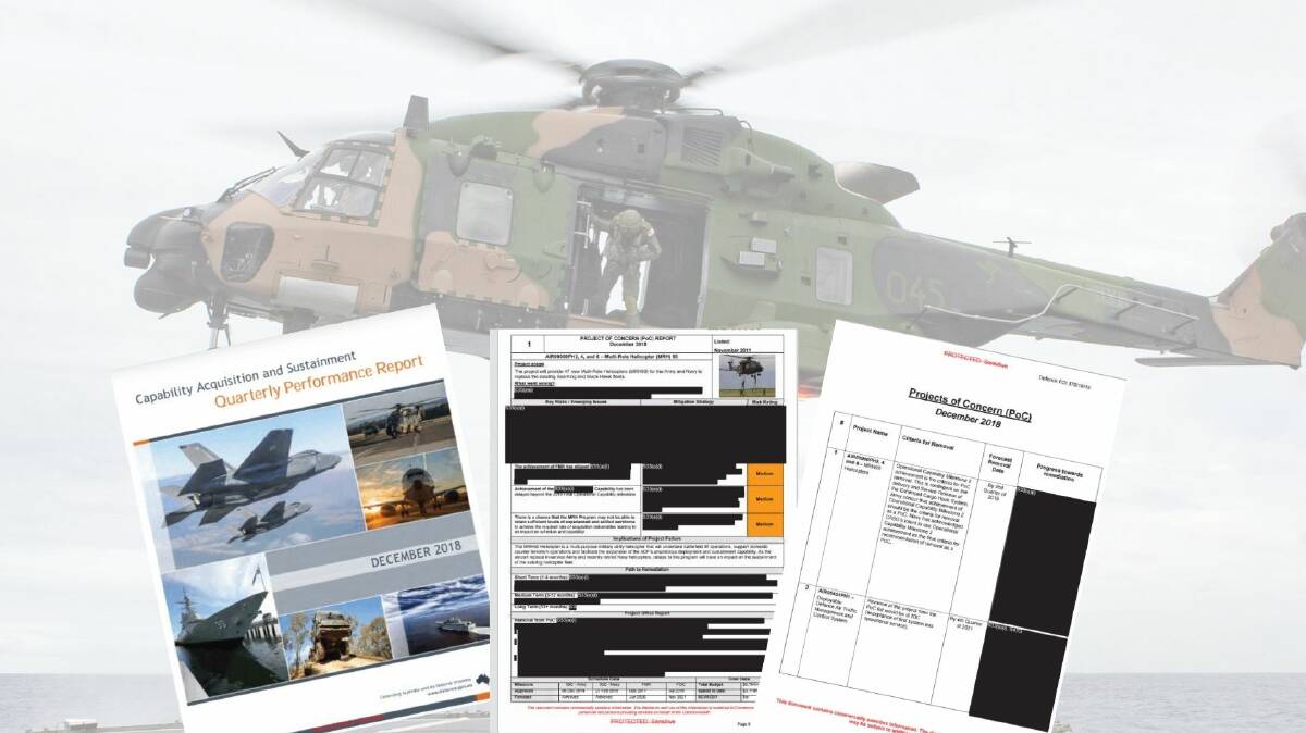 A Royal Australian Navy MRH90 helicopter which has its home base at 808 Squadron at HMAS Albatross and some of the heavily redacted quarterly performance reports from the Department's Capability and Sustainment Group.