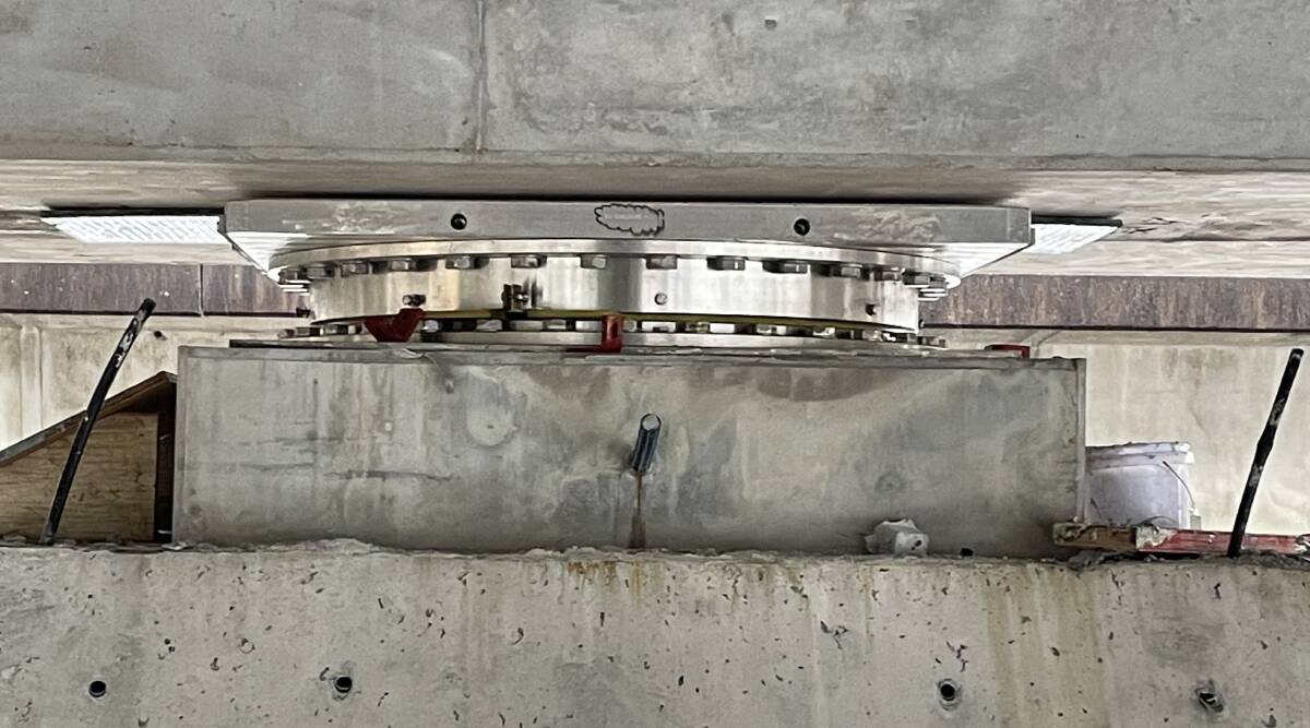 IMPRESSIVE: One of the massive bearings in place on each pier, which allows the the deck to slowly move into position, sliding over special low-friction pads.
