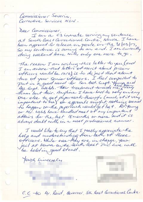 The letter to Corrective Services NSW Commissioner Peter Severin praising Nowra South Coast Correctional Centre officers Steve Young and Nigel Webb.
