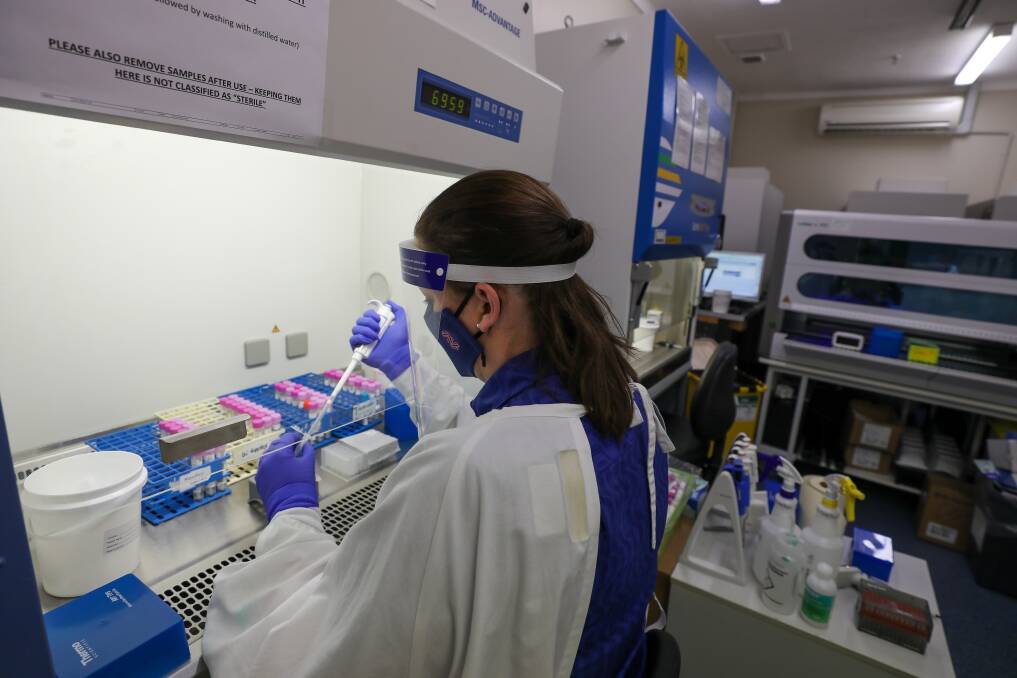 IML pathology laboratory scientist Stephanie Ivkosic at the Wollongong lab, testing samples collected at the Illawarra COVID-19 testing sites. Picture: Adam McLean