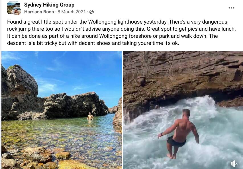 In March 2021, Harrison Boon posted video of himself conducting "a very dangerous rock jump" under the Wollongong lighthouse. Picture from Facebook.