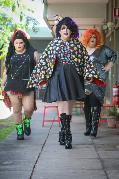 Lucy Furr (red bow), Miss Patsy DeClined (orange hair) and Connie Bthory (purple hair) from the Rainbow Underground in Port Kembla. Picture: Adam McLean