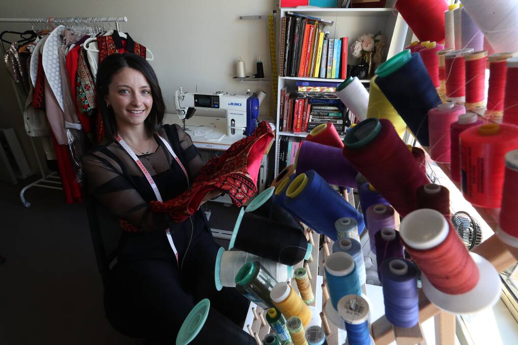 Gina Barjeel - sustainable fashion designer in her sewing room. Picture: Robert Peet