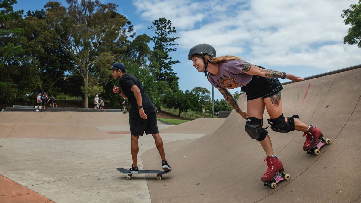Samantha Trayhurn and John Bejarano at a skate park. Picture by Marina Neil.