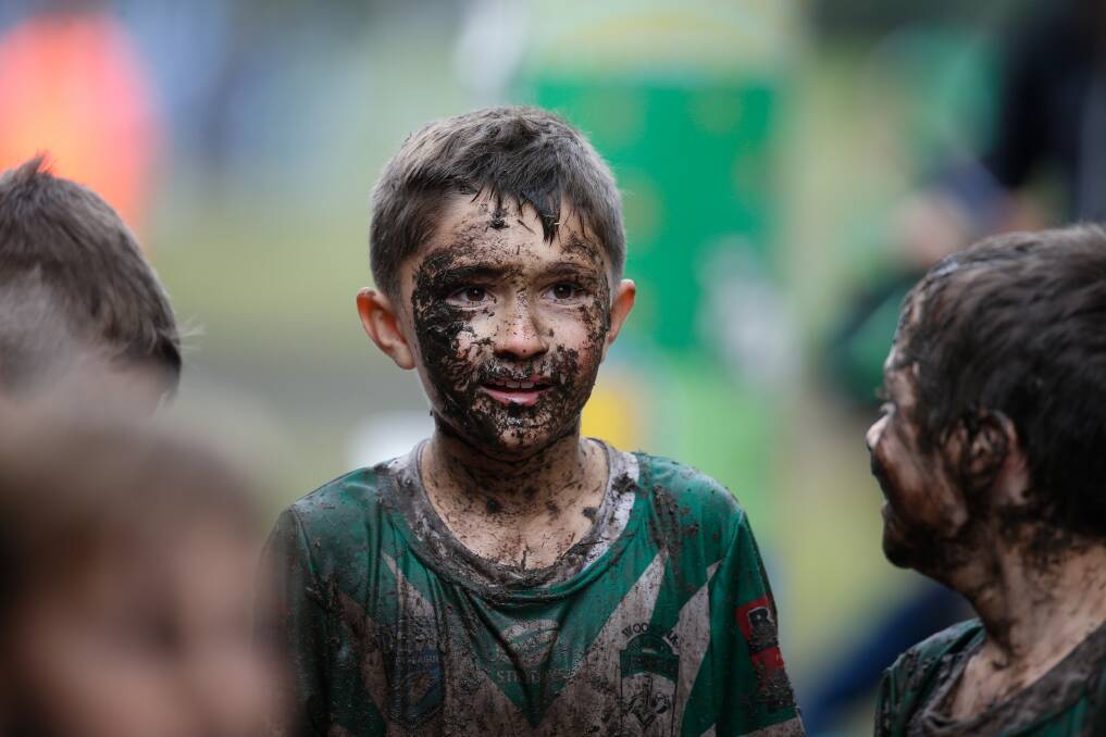 GOOD FUN: Cohen Brodbeck, 8, covered in mud after his first rugby league game for the Woonona Bulli Bushrangers's Under 9 team. Picture: Anna Warr