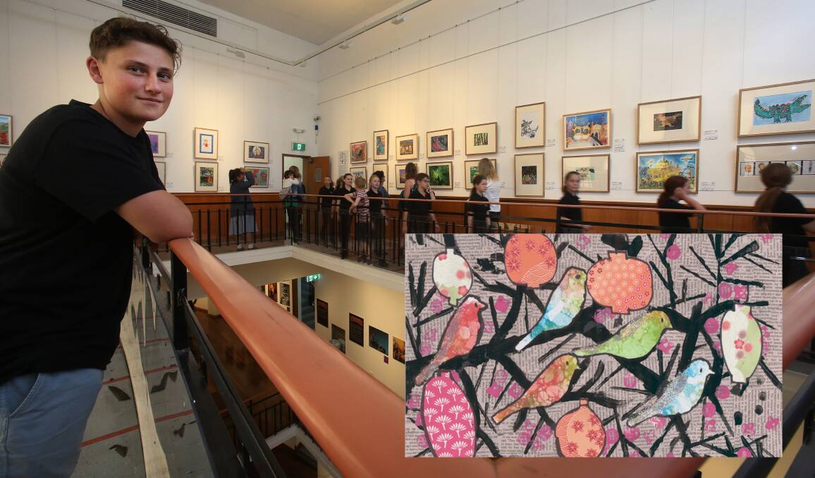 ARTIST: Corrimal student Nick Simovic at the Operation Art exhibition at the Wollongong Art Gallery (his artwork Birds in the Blossom is inset). Picture: Robert Peet