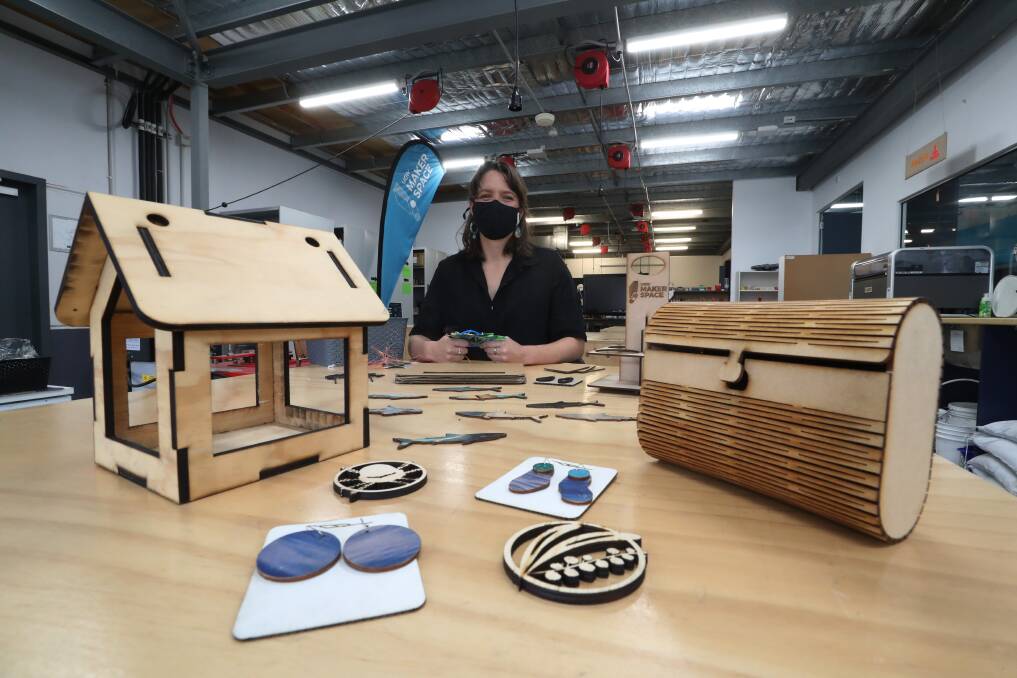 CRAFT WORK: Designer Eleanor McNeill loves the UOW Makerspace at the Innovation Campus so much she "hasn't left", and now coordinates workshops using their laser cutters and 3D printers. Picture: Robert Peet