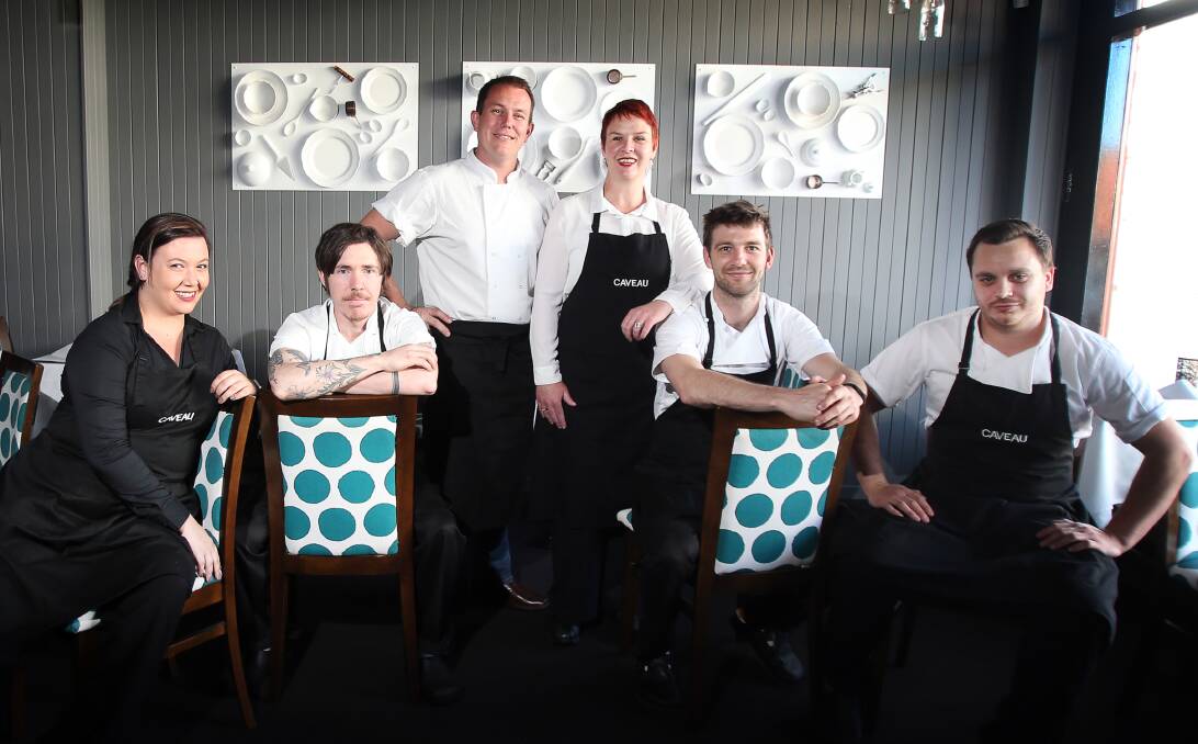 WINNING TEAM: Caveau co-owner Nicola Sheppard is grateful for the Good Food Guide accolade but hopes next year they’ll be good enough for two or three hats. Kirby Moller, Lukas Duguid, Peter Sheppard, Nicola Sheppard, Tom Chiumento and Simon Evans. Picture: Sylvia Liber