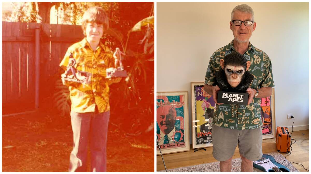 Young Tony Moore (left) was a "nerd" with a strong fandom for Planet of the Apes, while not a lot has changed (right). Pictures supplied.