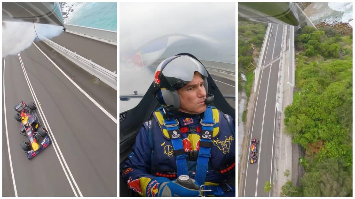 Stills taken from Matt Hall's video from the time he raced F1 driver Daniel Ricciardo across the Sea Cliff Bridge near Clifton. 