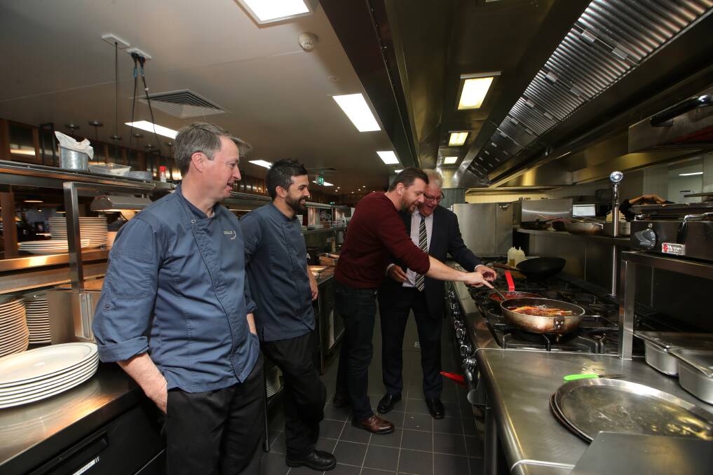 Celebrity chef Manu Feildel at The Mill, with Dapto Leagues club CEO David Cox and Chef Shaun Lawson and Donald Flanagan. Picture: Sylvia Liber