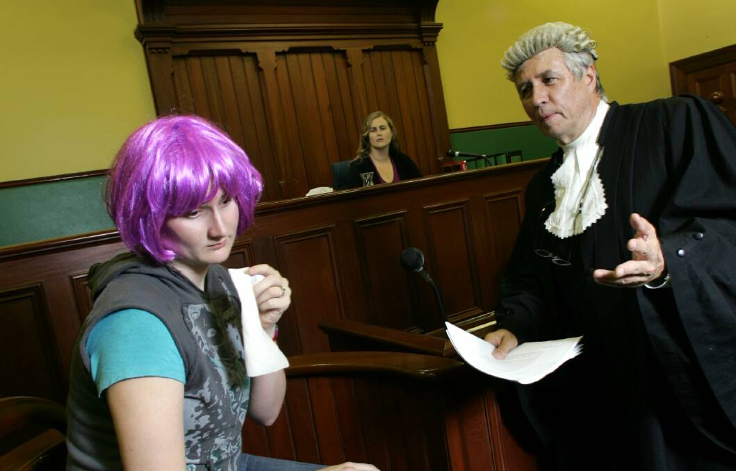 March 2006. Barrister Bill Dalley (in character) in gown offers advice to Goldilocks (Leila Kraushaar), and Melissa Humphreys sitting in as Magistrate. Picture: ACM File Image