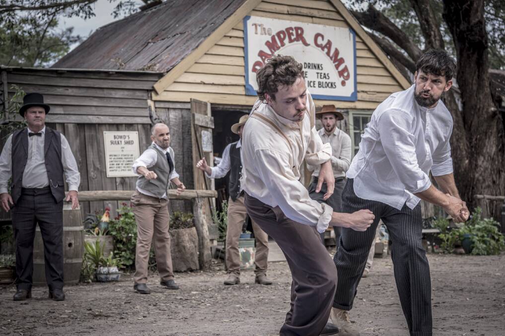 ON SET: Former Bachelor Tim Robards joins Summer Bay favourites Patrick O'Connor and Sophie Dillman for the film Sherbrooke Down, Road to Cataract. Set in Balgownie during colonial times. Picture: Bobby Kidd