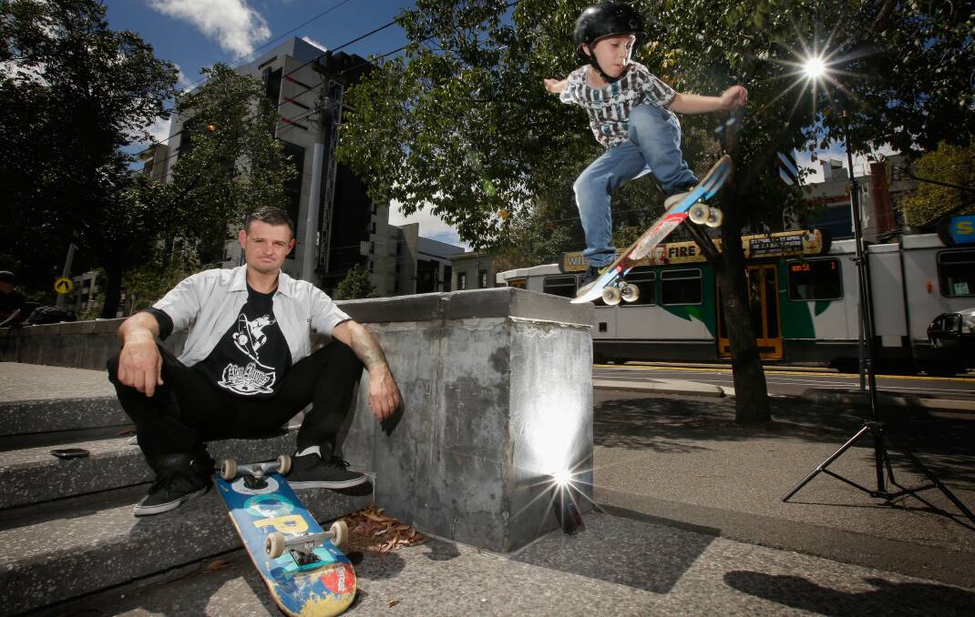 LIKE A PRO: Ex-world skate champ Tas Pappas and son Billy. Picture: Darrian Traynor