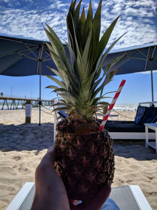 Councillor Cameron Walters says nothing screams Wollongong more than sipping a pina colada in a deck chair on the sand at North Beach - just people do at the Moseley Beach Club at Glenelg. Picture: Oliver Parker