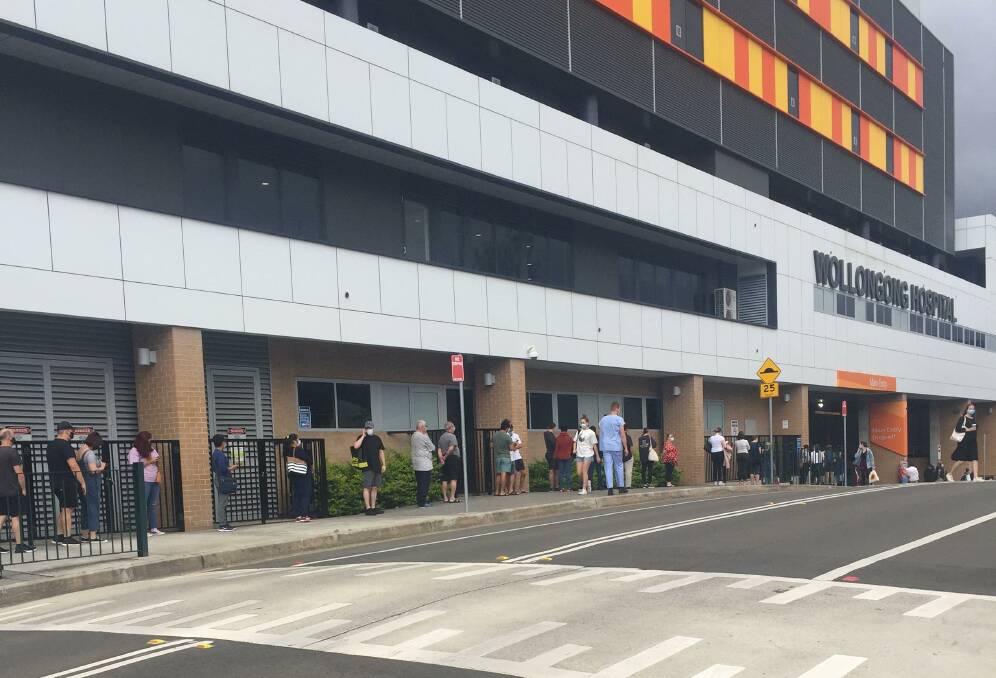The line-up for Wollongong Hospital's COVID-19 testing clinic stretched right around the block on Wednesday morning.
