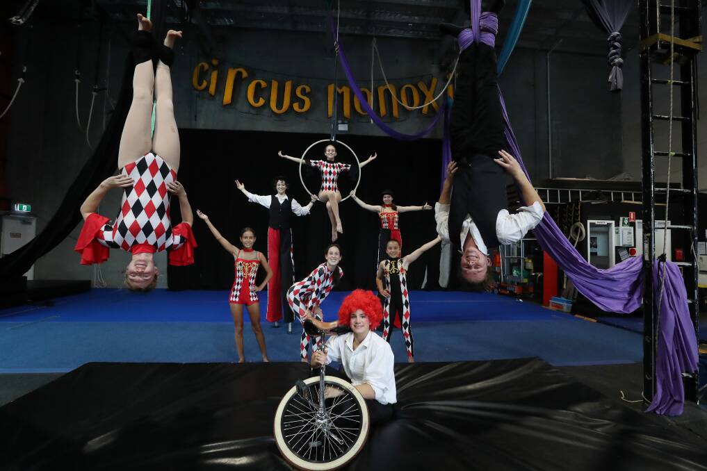 Circus Monoxide performers Hannah McLean, Nevis Elliot, Elise Poulton, Liesel Price, Macy Carrol, George Kittscha, Sofia Supulveda, Alexis Thorne and Kai Nielson will present 'Through the Decades' this week. Picture by Robert Peet.