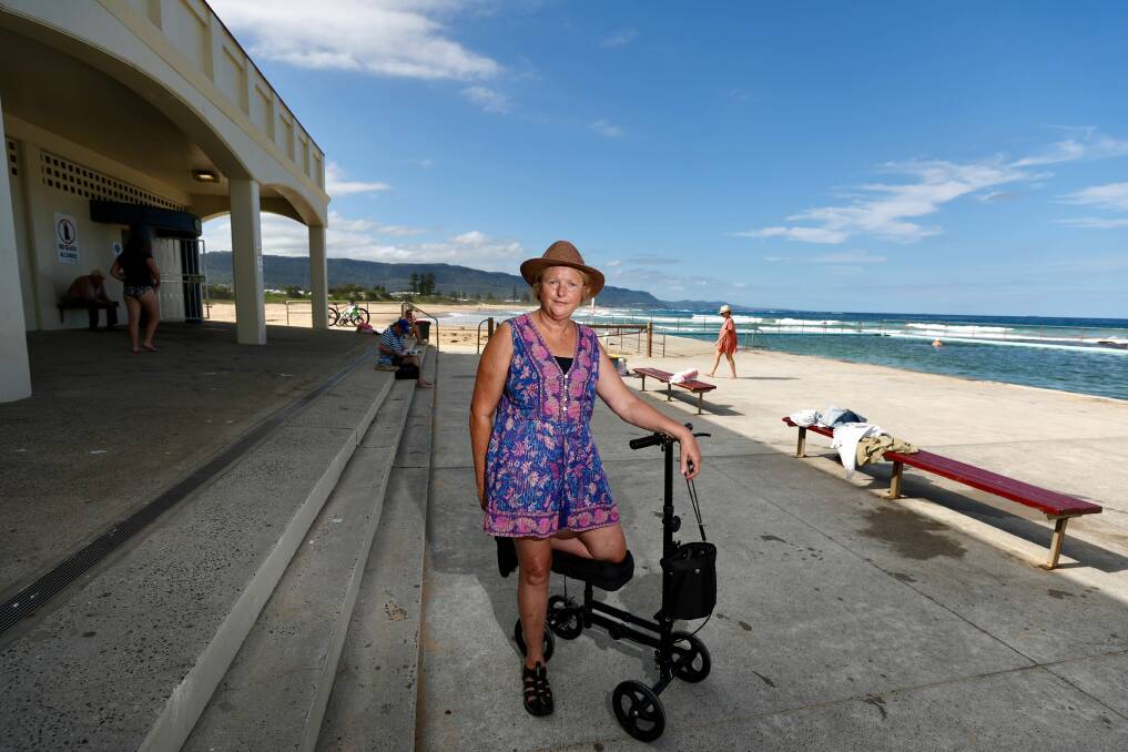Jenny Frappell is learning to walk again after badly breaking her foot in December. She discovered many flaws around accessibility at Woonona ocean pool (among others) such as steps leading up to the disabled toilet. Picture by Adam McLean.
