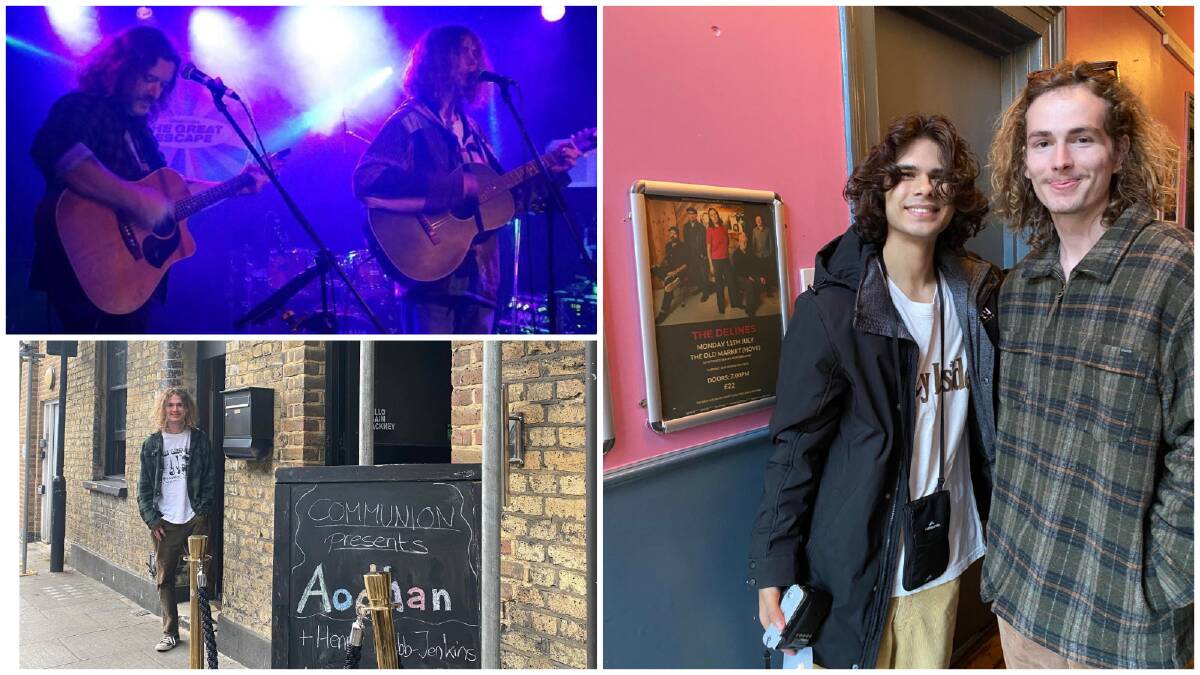 CLOCKWISE: Aodhan performing with dad Glenn Whitehall, with Budjerah in Brighton
and standing out the front of Servants Jazz Quarters in London. Pictures: Supplied