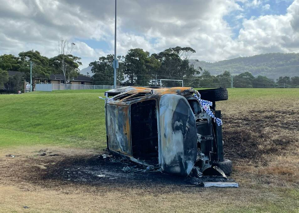 It's understood Wollongong City Council had been notified of the burnt out vehicle in Bulli, who would be responsible for its removal. Though it was still there on Sunday. Picture: Desiree Savage